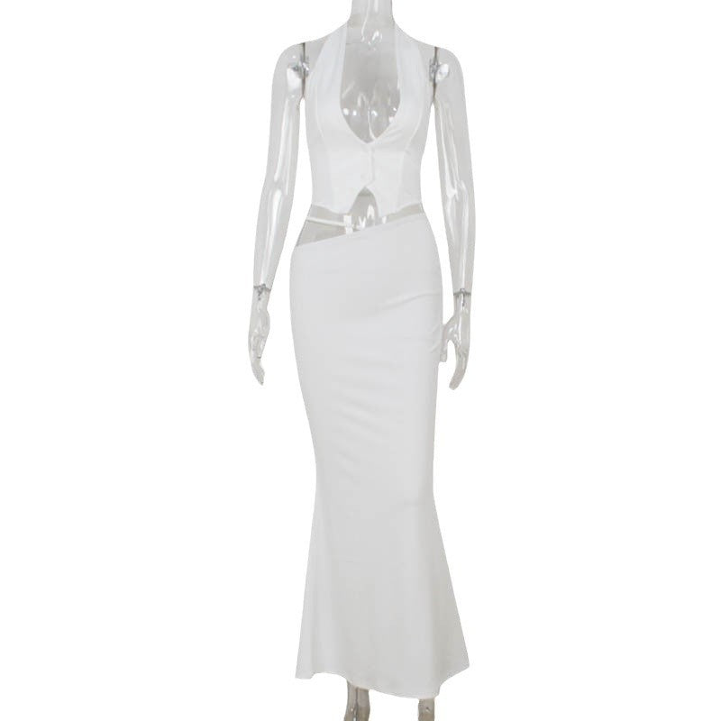 Fashion Halter Backless Vest Top Temperament Slimming Fishtail Skirt Suit