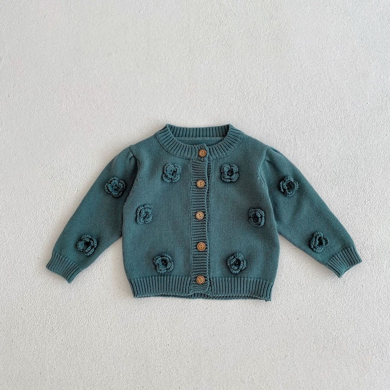 Floral Knit Cotton Yarn Jacket Round Neck Sweater Cardigan
