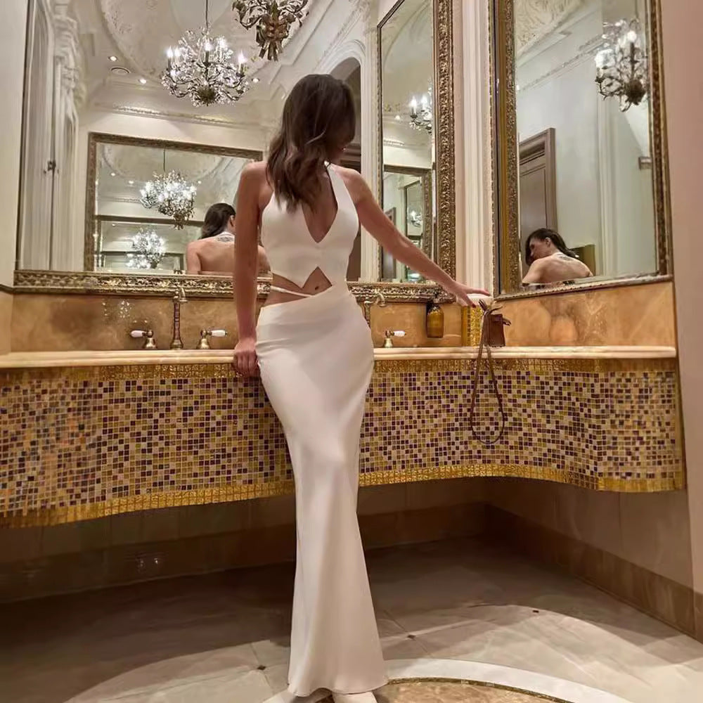 Fashion Halter Backless Vest Top Temperament Slimming Fishtail Skirt Suit