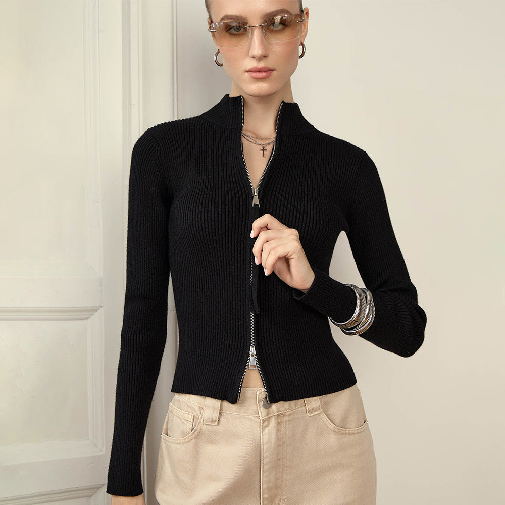 Women's Double Zipper Cardigan Thermal Knitting Coat