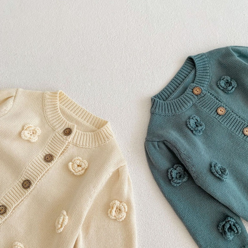 Floral Knit Cotton Yarn Jacket Round Neck Sweater Cardigan