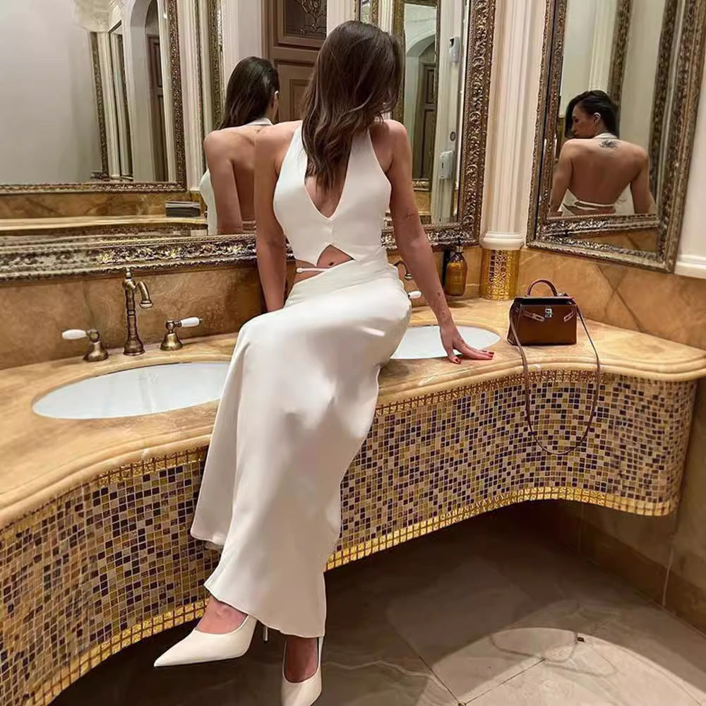 Fashion Halter Backless Vest Top Temperament Slimming Fishtail Skirt Suit