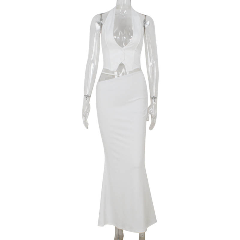Fashion Halter Backless Vest Top Temperament Slimming Fishtail Skirt Suit