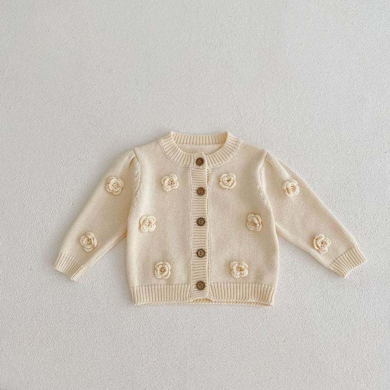 Floral Knit Cotton Yarn Jacket Round Neck Sweater Cardigan